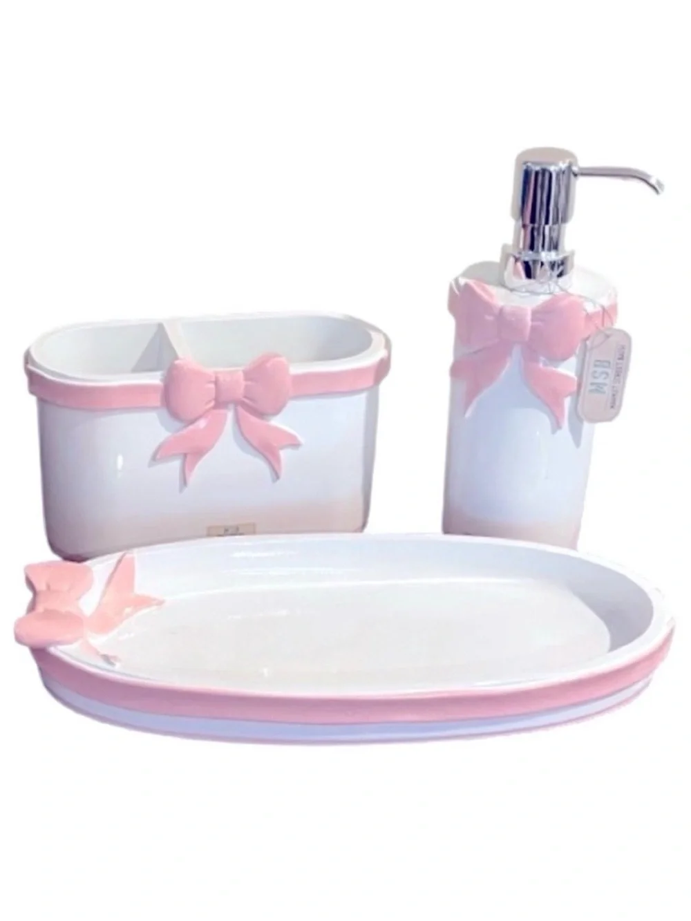 🆕- Pink Bow Coquette Set of 3 Bathroom Accessories. Beautiful. NWT